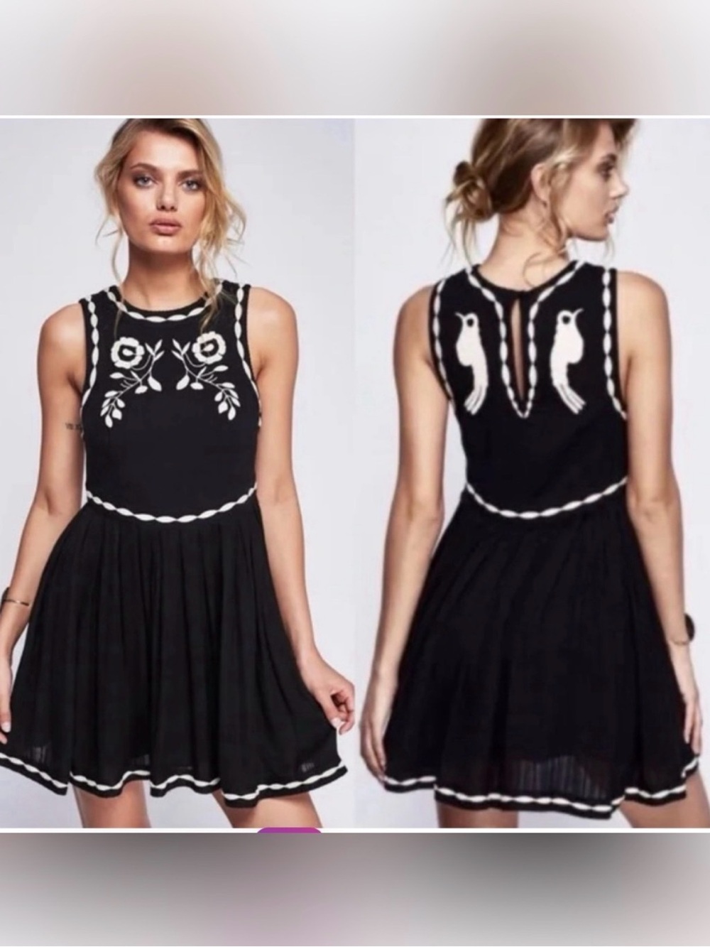 Free People Embroidered Black Sleeveless Fit & Flare Dress